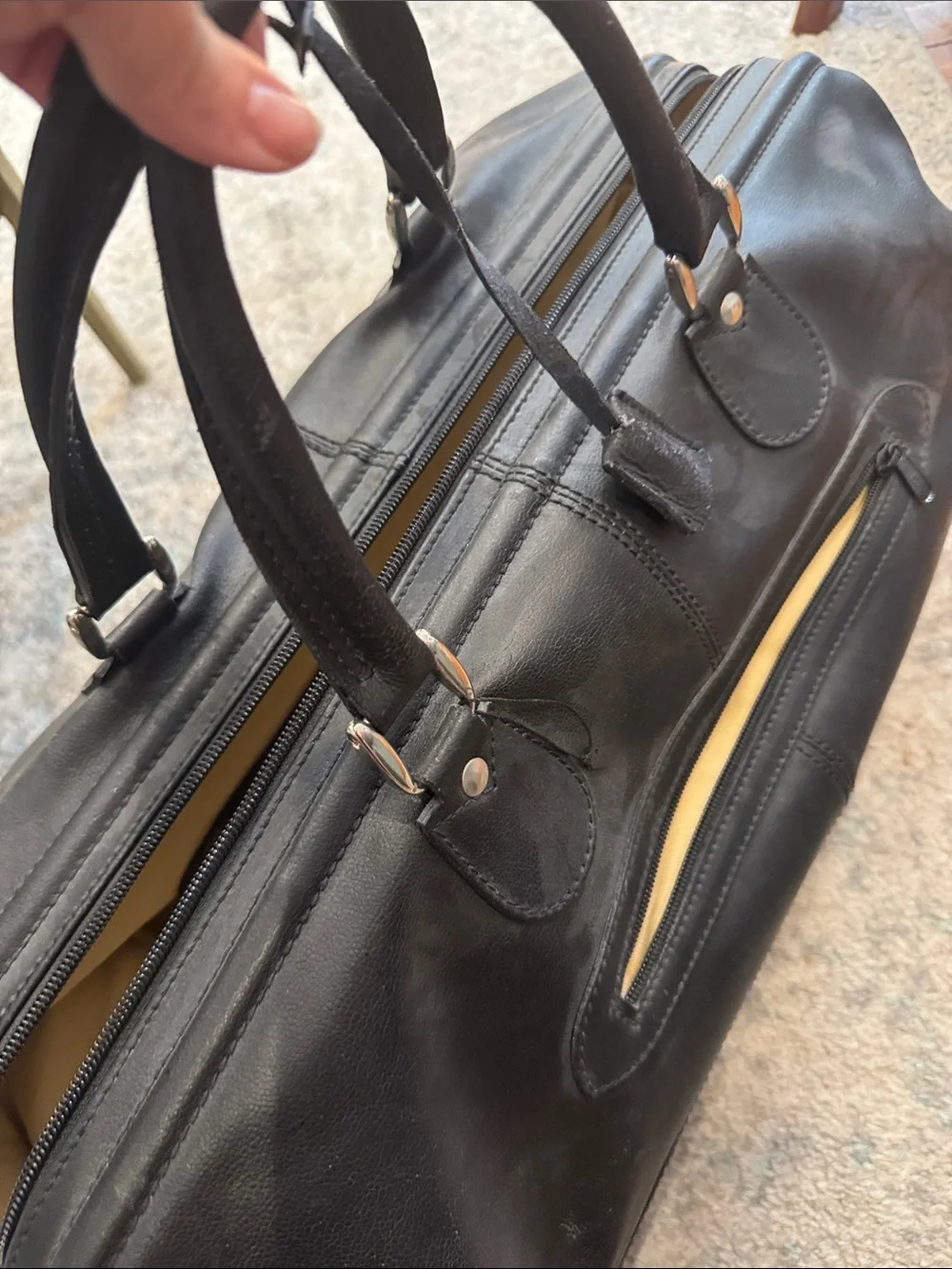 Luciano Barbera black and Cream Leather Weekender with Zip Pocket